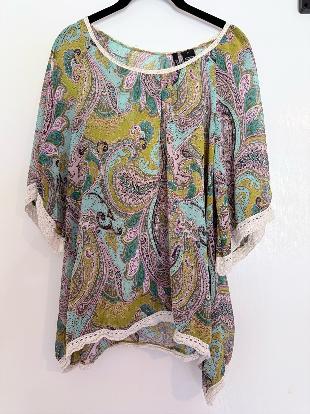 new directions Paisley Tunic in Mint, Olive & Pink with Crochet Trim